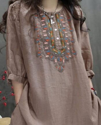 Retro Ramie Machine Embroidery Top Loose