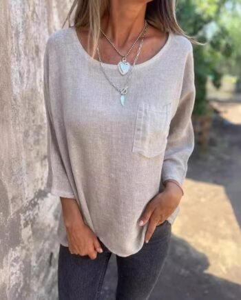 Round Neck Pullover Bat Three-quarter-length-sleeved T-shirt Pocket Color Matching