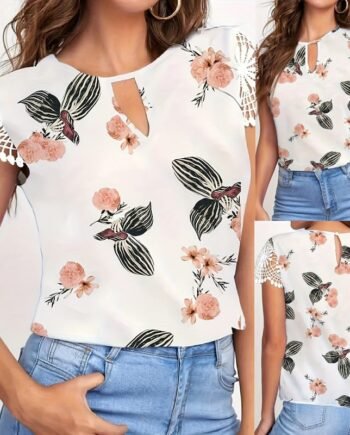 V-neck Stitching Lace Sleeves Casual Women's Top