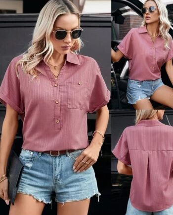 European And American Lapel Button Casual Pocket Loose Women's Tops