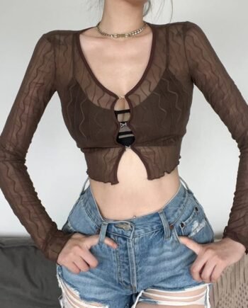 Women's Pure Color Mesh Cardigan Long Sleeve Short T-shirt