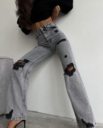 Worn Jeans High Waist Slimming Mop Loose Hole Straight Long Design