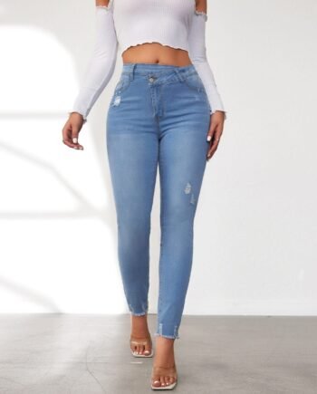 Women's Stretchy High Waist Slimming Raw Edge Denim Trousers