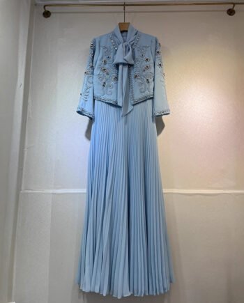 Fashion Round Neck Bowknot Flower Patchwork Pleated Skirt