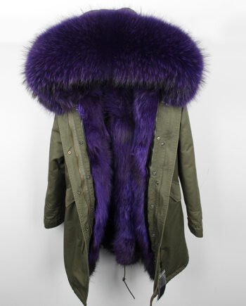 Oversized raccoon fur collar parka coat