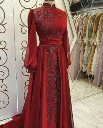 Stand Collar Luxury Long Sleeve Evening Dress
