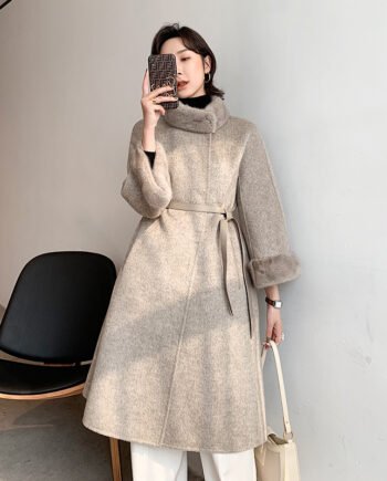 Mink Fur Lace Up Slim Fit Wool Overcoat
